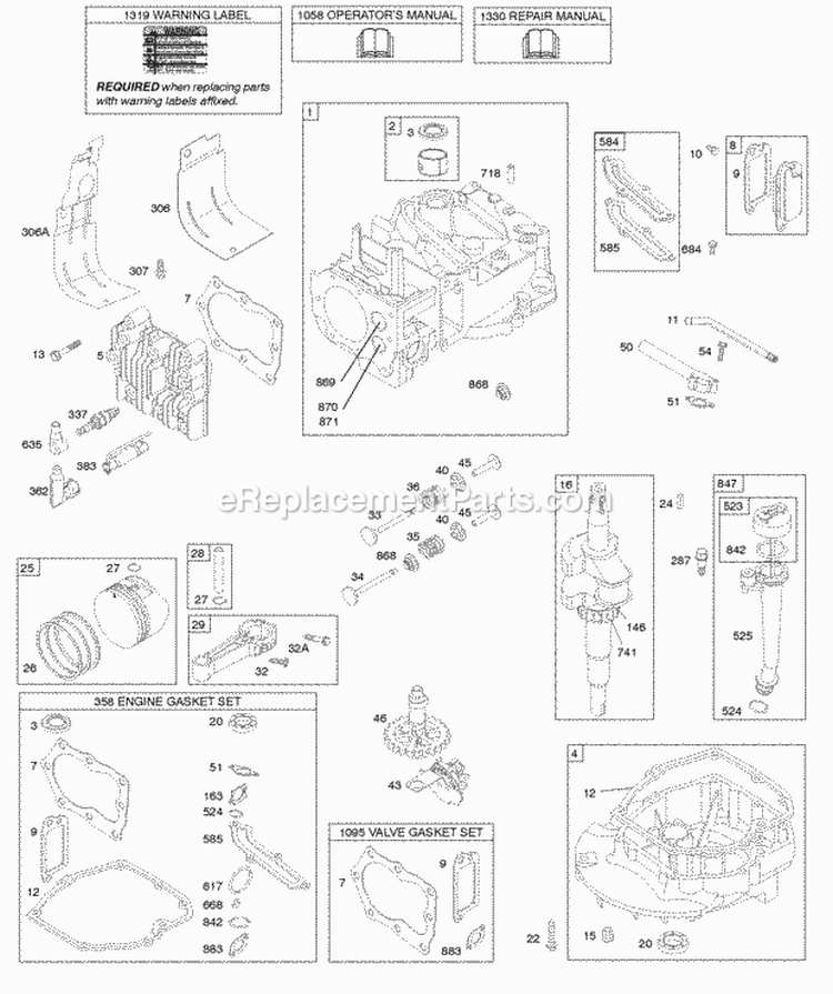 Camshaft Crankshaft Cylinder Engine Sump Lubrication Piston Group Valves Diagram and Parts List for 12J902-0159-01  Briggs and Stratton Engine